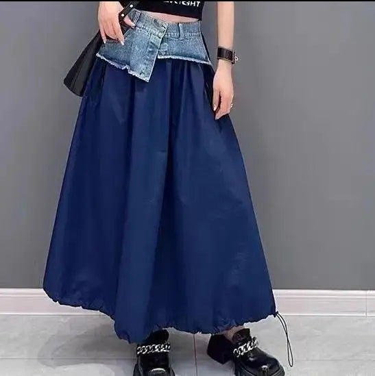 2024 New Arrival Spring/summer Korean Style Women Loose Casual Cotton Denim Patchwork A-line Mid-calf Elastic Waist Skirt P03