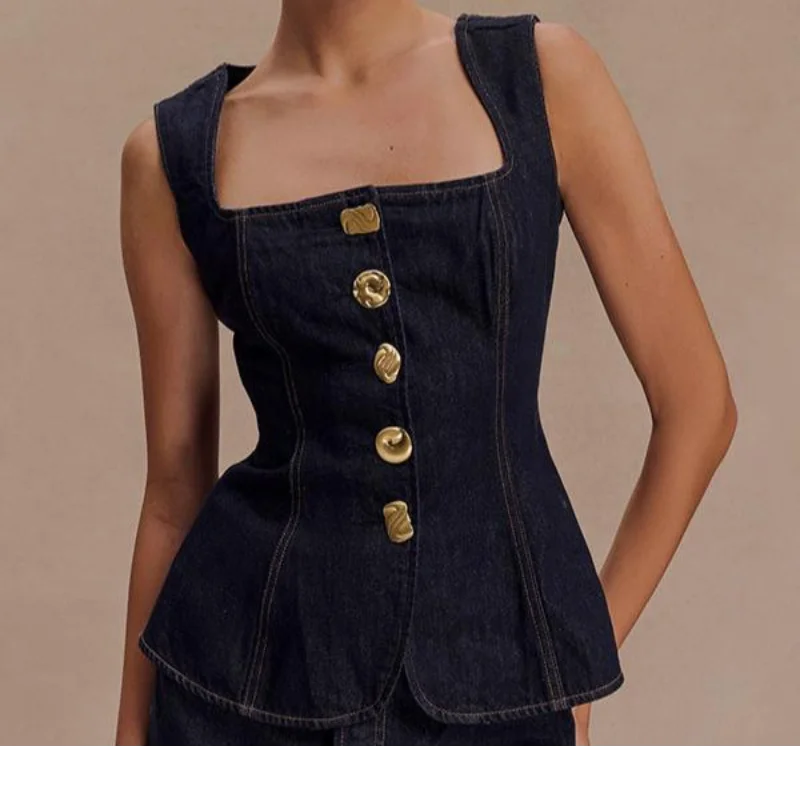 Street Denim Pants Set Women Sleeveless Single Breasted Slim Square Collar Tank High Waist Straight Jeans 2025 Summer Lady Suit
