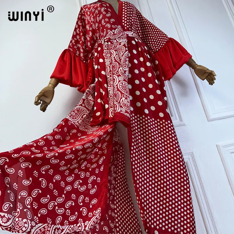 WINYI Summer Kimono party dress Beach Wear Swim Suit Cover up Africa women boho puff(ed) sleeves Cardigan sexy Holiday kaftan