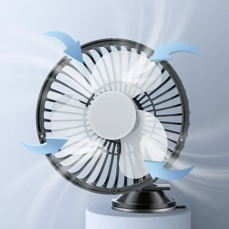Car Fan 12V-24V Large Wind Three Speed Control Light and Portable Suction Cup Single Head Portable USB Rechargeable 360 Degree