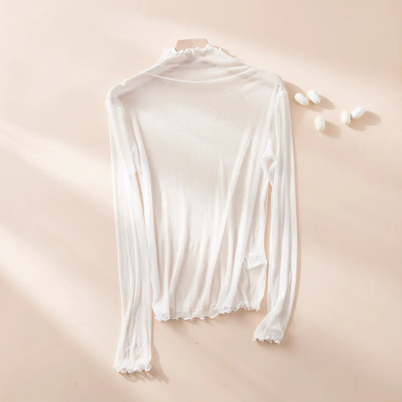 100% Mulberry Silk Slightly Transparent Semi-turtleneck Mesh Sunscreen Shirt for Women