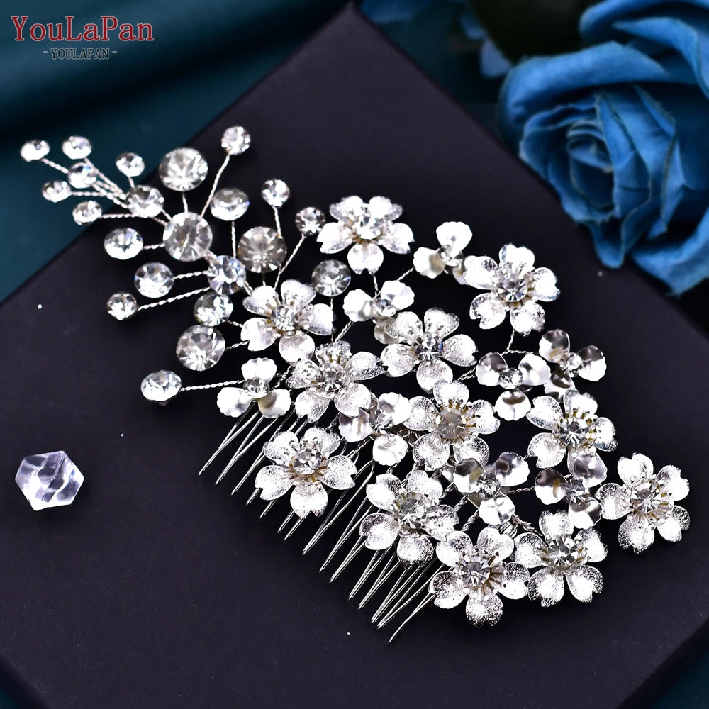 YouLaPan Crystal Leaves Hair Comb Bridal Wedding Hair Accessories Handmade Fashion Woman Rhinestone Flower Headwear HP621