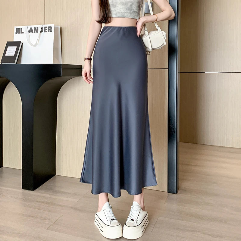 Wine Red Streetwear Summer Satin Trumpet Skirt For Women High Waist Casual Elegant Fashion Long Mermaid Skirts Female