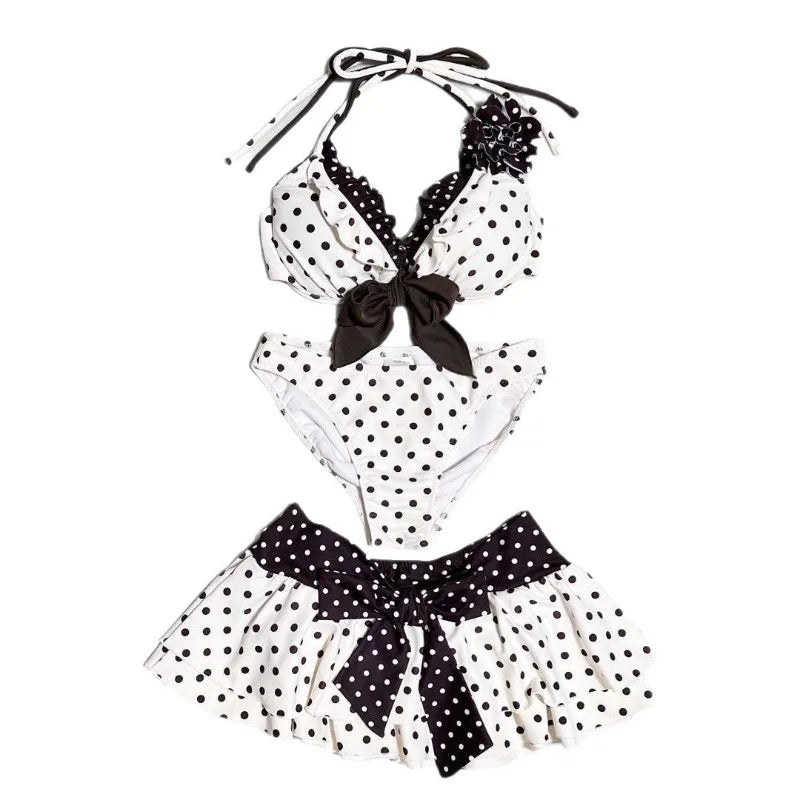 American INS Style New Cute Swimsuit Summer Fashion Sexy Halterneck Polka Dot Bow Tie Top Skirt Beach Y2k Three-piece Sets 2025
