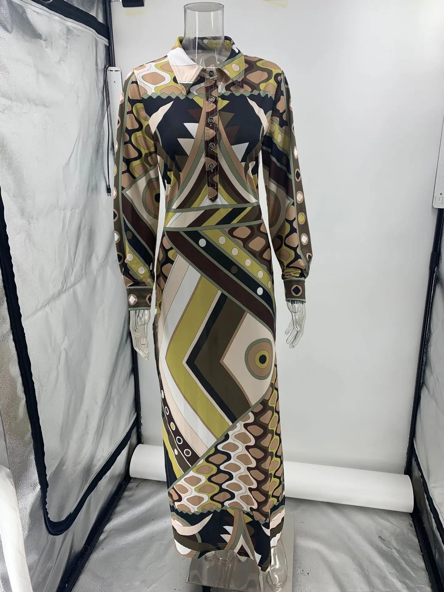Summer 2025 Fashion Printed Tribal Style Dress With A Collar, Long Sleeves, Slit, And Body-hugging Design For Women.