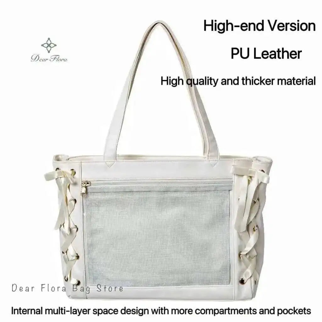 Japanese Sweet Women Ribbon Ita Bag Cute Lolita Girl Transparent Handbags Fashion Large Capacity Tote Bag Aesthetic Shoulder Bag