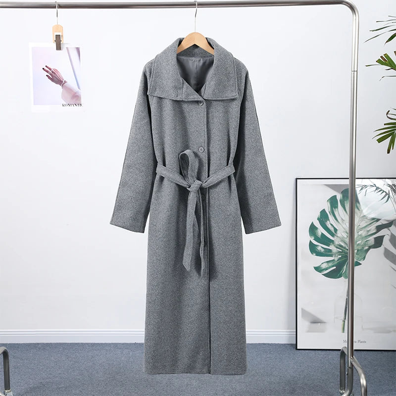 Retro Solid Stand Collar Long Tweed Coat Women 2025 Fashion Large Lapel Single Breasted Coats With Belt Lady Chic Street Outwear