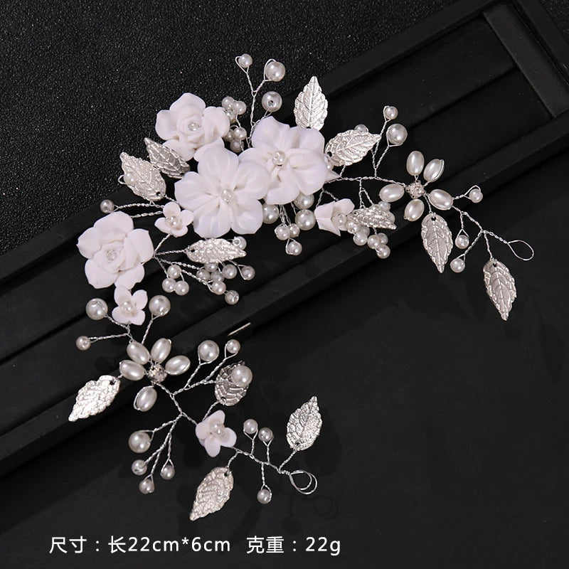 Ceramic Flowers Wedding Headbands for Bride Crystal Pearls Hairbands Women Hairpins Bridal Headpiece Hair Jewelry Accessories