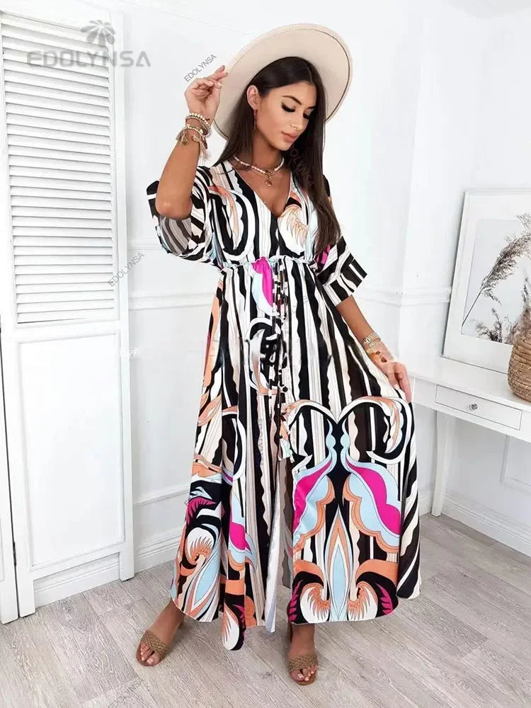 Bikini Cover-ups Boho Print Long Dress Self Belted Sexy Beach Tunic 2023 Summer Women Beach Wear Swim Suit Cover Up A932
