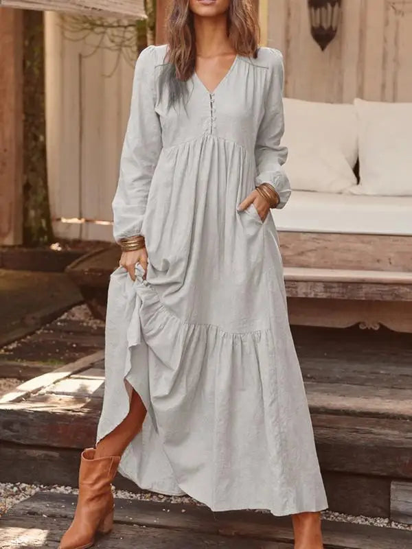 Cotton Linen Women Long Dress 2023 New Loose Fashion V-Neck Casual Solid Long Sleeve A-Line Sexy Dresses Elegant Ruffles Vestido