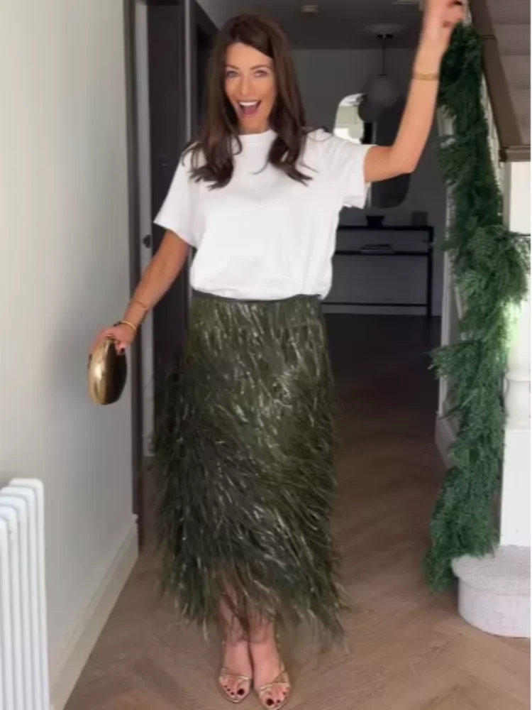 Retro Green Sequin Women Midi Skirt Chic High Waist Bodycon Long Shiny Sequined Bottom Lady Christmas Evening Party Club Skirts
