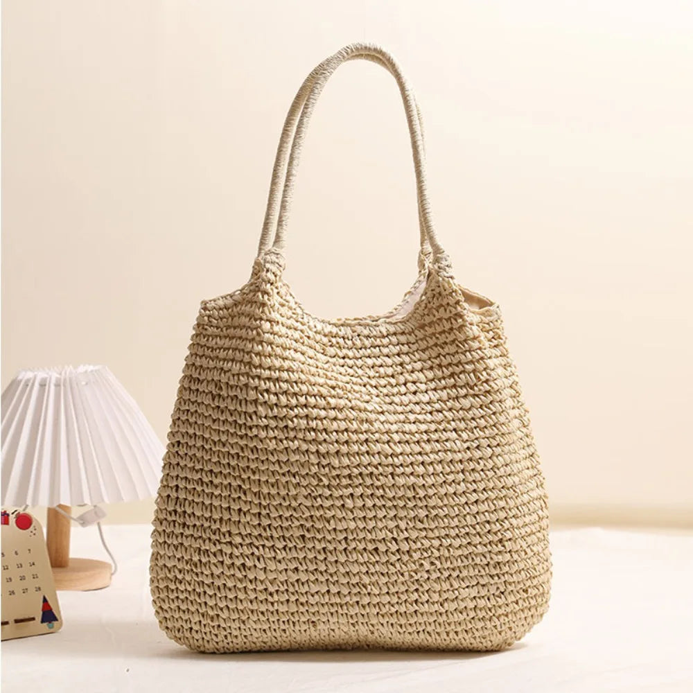 Fashion Straw Tote Bag Woven Solid Color Beach Bag Large Capacity Square Casual Shoulder Bag