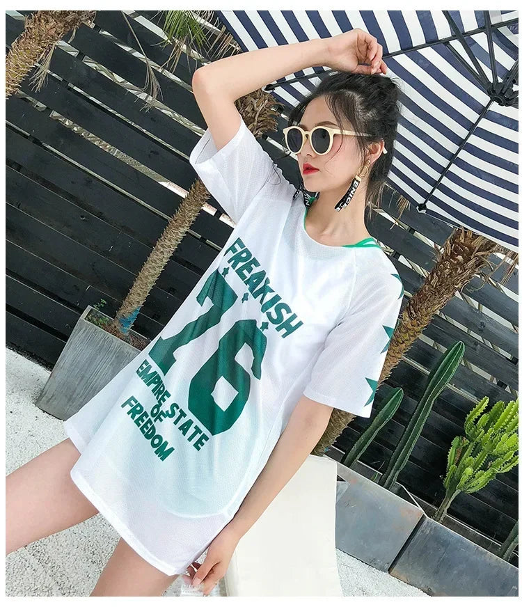 Swimsuit Women Split 3 Piece Set Korean Cartoon Print Cover Up Sport Boxer Shorts Tank Top Mesh Jersey Sun-proof Beach Swimwear