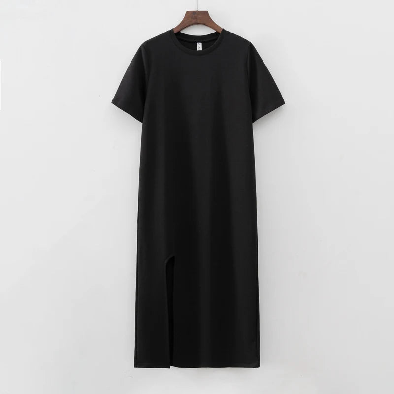 2024 Summer Fashion Split Women T shirt Dress Black Basic Simple Dresses