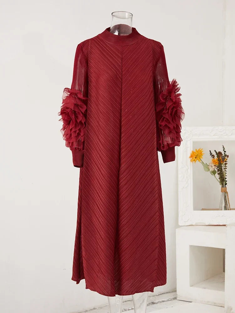 YUDX High Quality Maxi Miyake Pleated Dress Round Neck Spliced Fungus Full Sleeve Dresses For Women 2025 New Spring Clothing