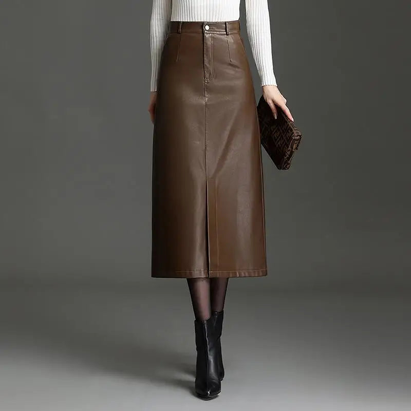 Autumn and Winter Fashion PU Leather Skirt, Solid Color High Waist Straight Tube Package Hip A Word Slit Half Body Skirt Women