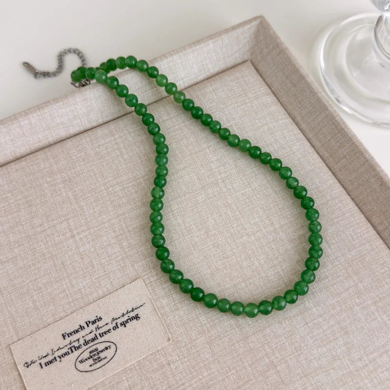 The Wizard of Oz-Inspired New Chinese Style Jadeite Green Beaded Necklace Cool-Toned Natural Stone Collarbone Chain Accessory