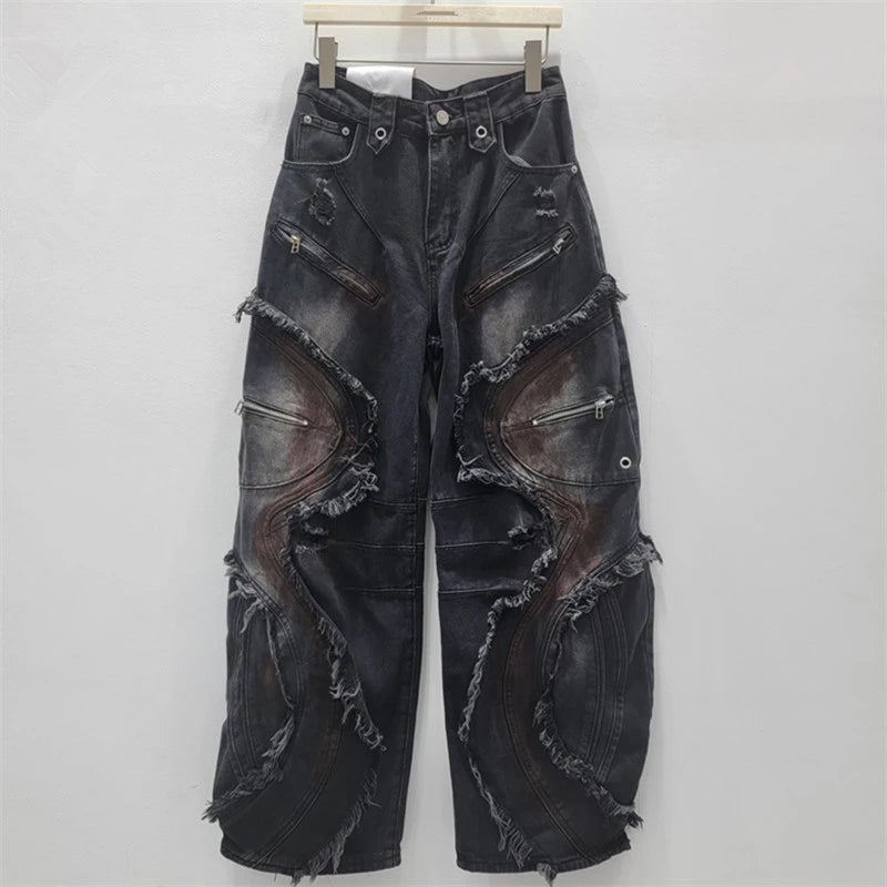 DEAT 2025 Autumn New Fashion Patchwork Burrs Cargo Denim Pants For Women High Waist Loose Wide-leg Jeans Female Trendy 11A06257