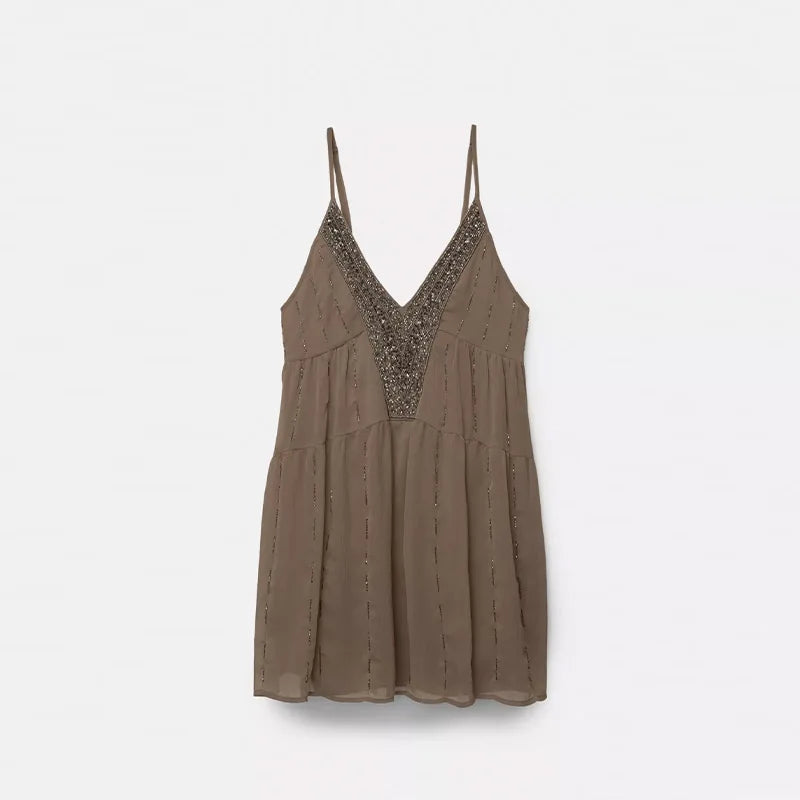 Sexy Backless Sequin Dress Women V-neck Sleeveless Loose Sling Female Mini Dresses 2025 Summer Chic Street Party Beach Lady Robe