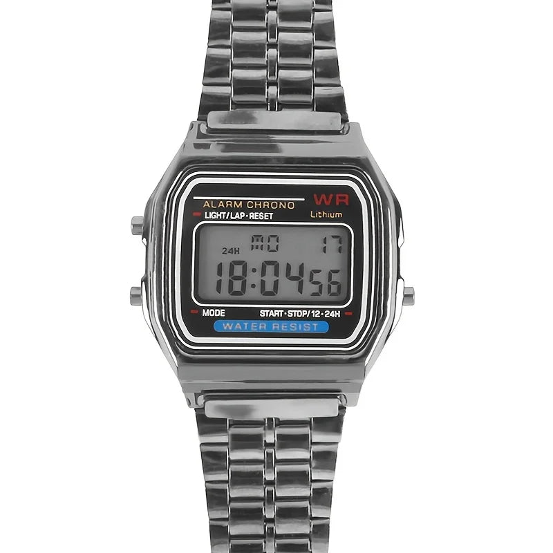 F91W Nicht wasserdichte Armbanduhr mit Stahlarmband für Damen und Herren, Business-Uhr, multifunktionale digitale LED-Sportuhr, elektronische Uhr