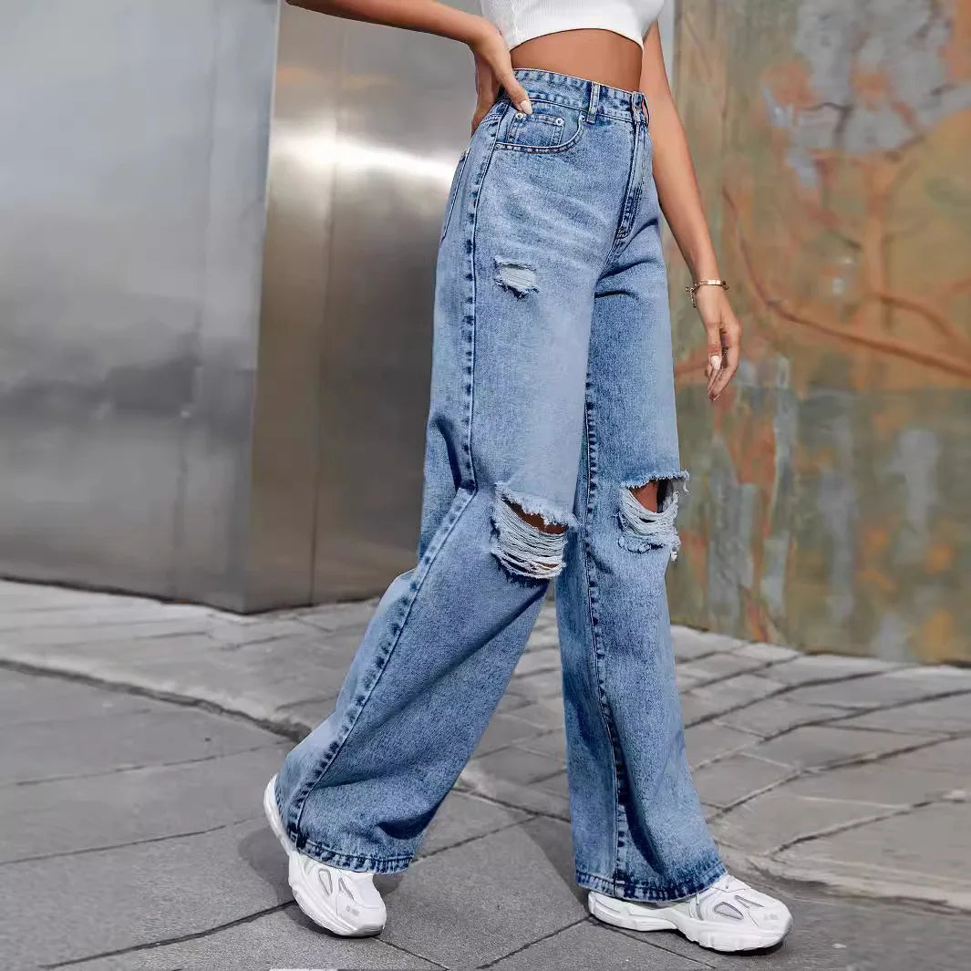 Denim Jeans Women Pant Wide Leg Long Pants Casual Loose High Waist Button Y2k Streetwear Hole Temperament Work Straight Trousers