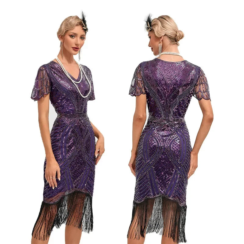 New Sexy Women's 1920s Gatsby Flapper Dress Sequin Art Deco Roaring Gatsby Dress with Short Sleeve Vintage Flapper Dresses