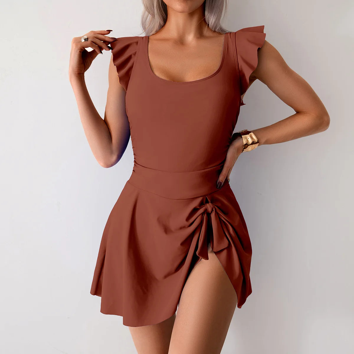 2025 New Women One-piece Bikini Sexy Female Dress Ruffles Swimsuit Tight Solid Swimwear Summer Push Up Beach Skirt Bathing Suit