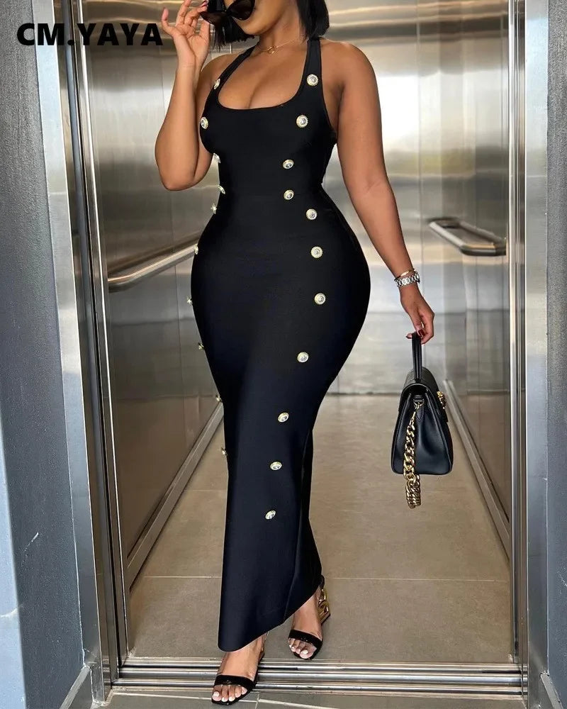 CM.YAYA Women Sleeveless O-neck Maxi Long Skinny Dress 2024 Fall Button Backless Birthday Club Sexy Party Evening Dresses