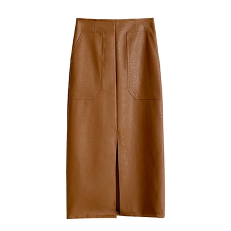 Slim Straight Faux Leather Skirts Women Spring New Package Hip Long PU Jupe Chic Split Designed Fashion Solid Mujer Faldas