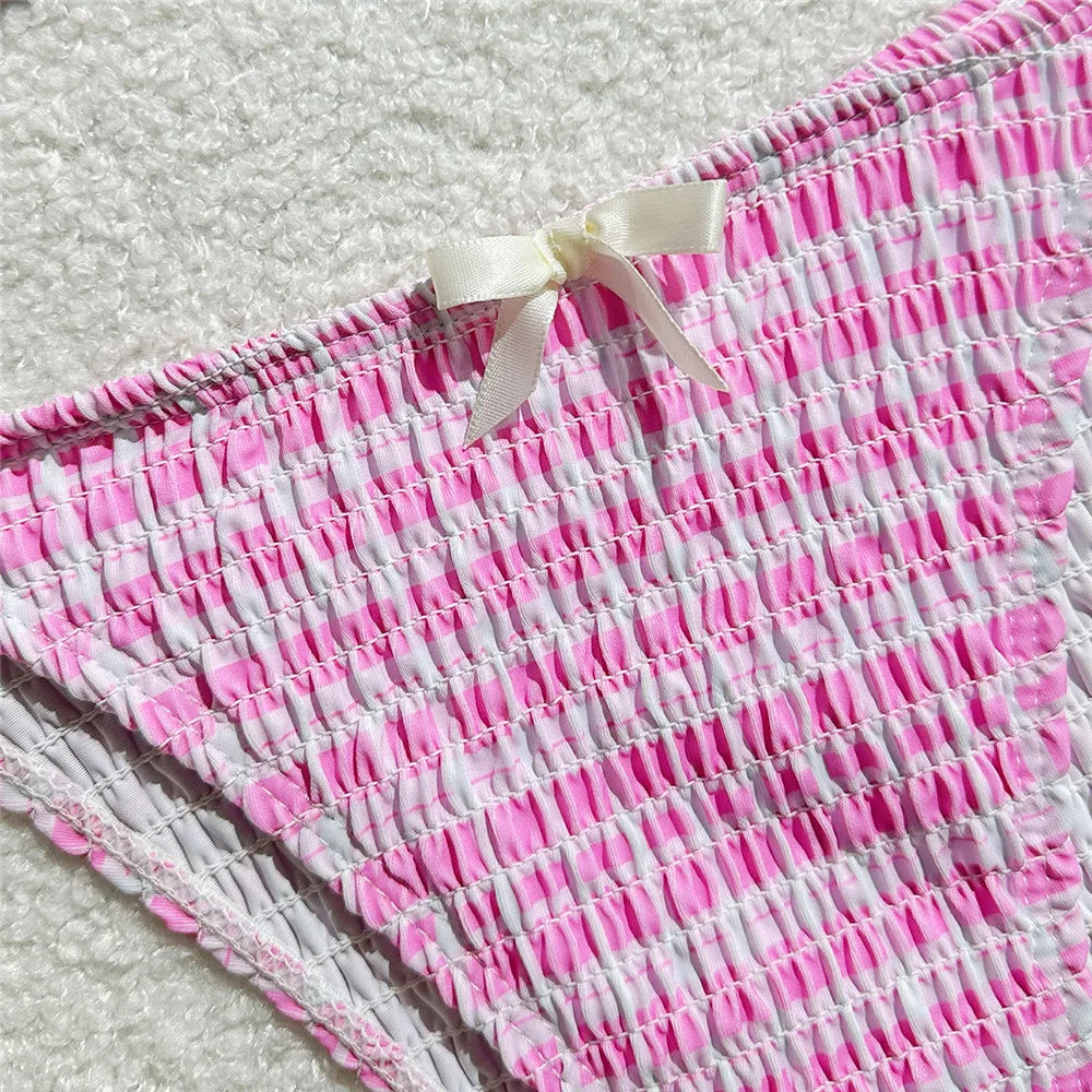 Pink Plaid Print String Micro Bikini Thong 2025 Sexy Swimsuit Women Halter Wrinkle Swimwear Bow Triangle Bikinis Sets Beach Wear