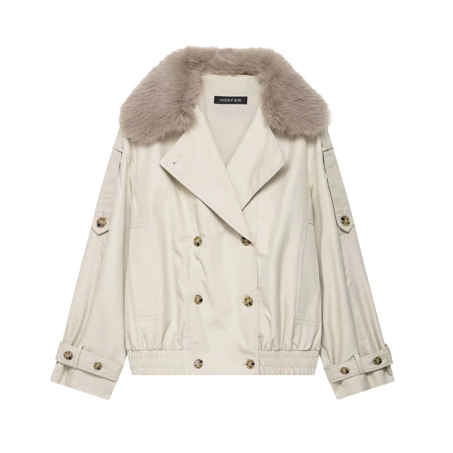 Street Women's Double Breasted Cropped Trench Coat With Faux Fur Collar Loose Full Sleeve Pocket Jacket 2025 Autumn Lady Outwear