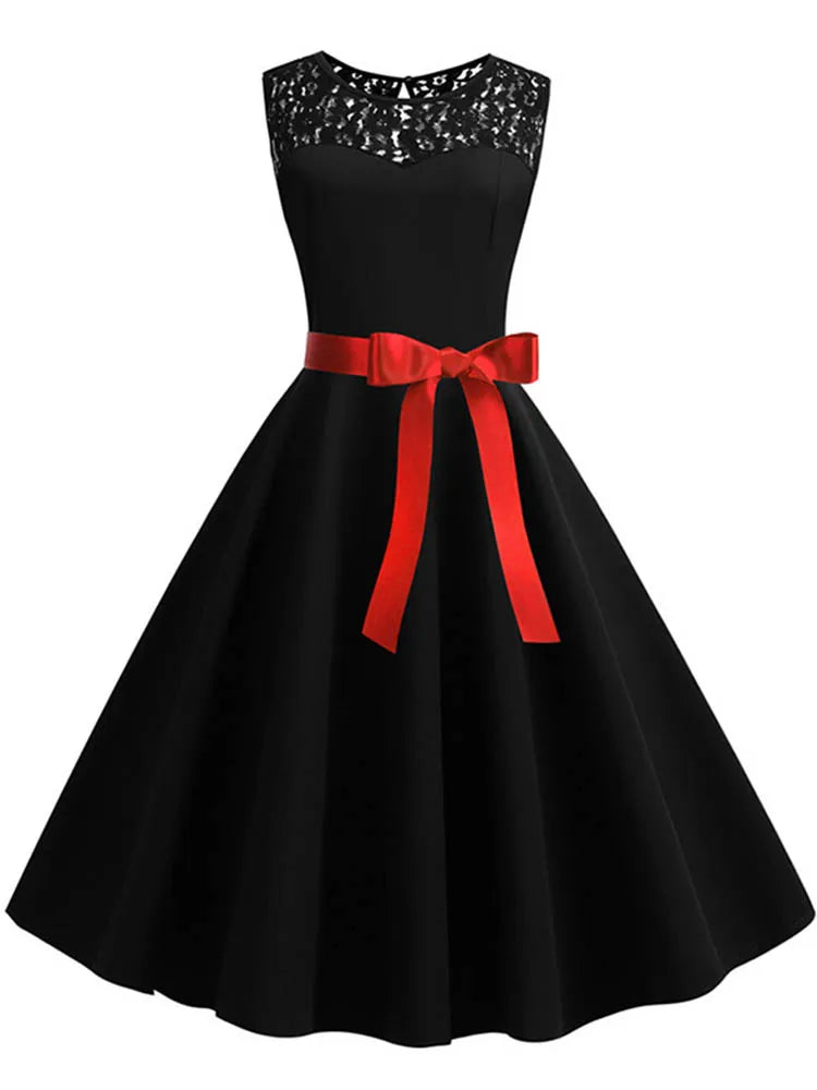 Lace Patchwork Floral Print Women Summer Dress Hepburn 50s 60s Elegant Vintage Dress Office Ladies A-Line Party Dresses Belt