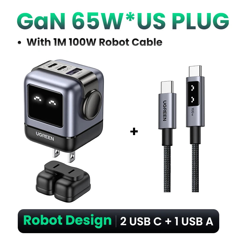【US-Stecker】UGREEN 65W 30W GaN-Ladegerät im Roboter-Design mit PD3.0-Schnellladefunktion, QC4.0, 3.0 und PPS für iPhone 17, 16, 15 Pro, MacBook, Laptop und Tablet