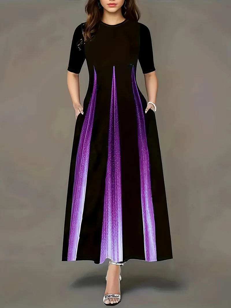 Summer new round neck casual fashion celebrity print gradient long skirt for women