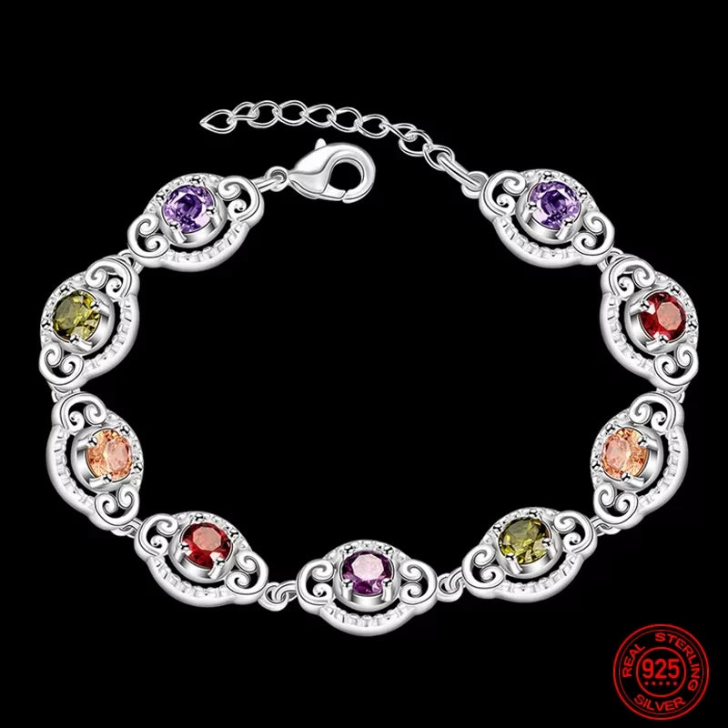 Fine 925 Sterling Silver Fashion Crystal Charm Bracelet Bangle For Women lady wedding party lover gift Jewelry Party Gifts