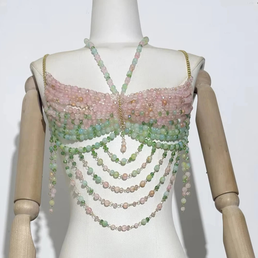 2025 New Women's Necklace Beaded Vest Hollow Out Top Jewelry Exaggerated Pearls Neck Bra Fashion Bra Women's Club Carnival