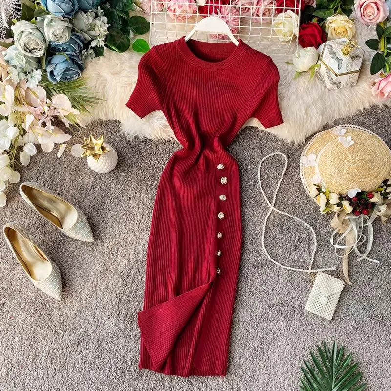 YuooMuoo Women Dress European and American Fashion Short Sleeve Slimming Side Slit Knitted Mini Dress Streetwear Lady Outfits