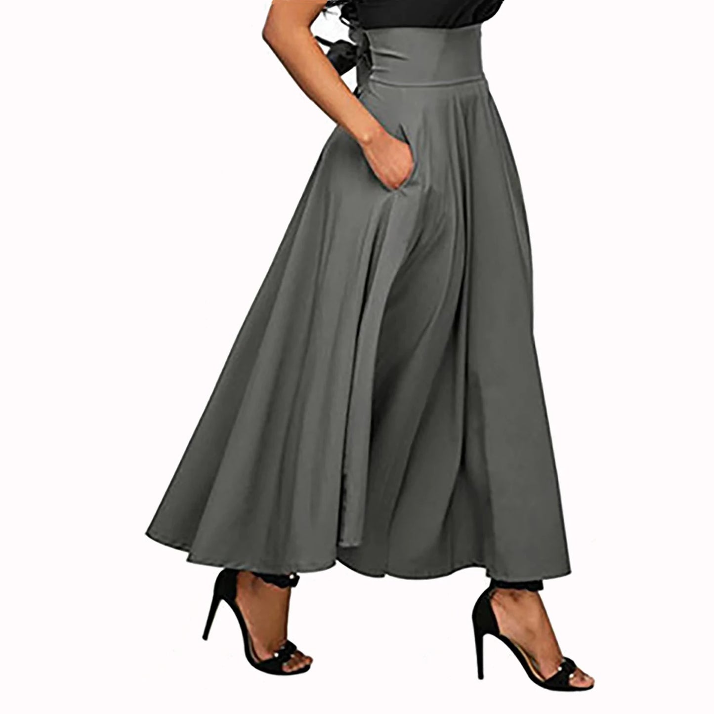 Mode Effen Kleur Grote Swing Vrouwen Rok Lange Rok Herfst Wilde Hoge Taille Strik Slanke Rokken
