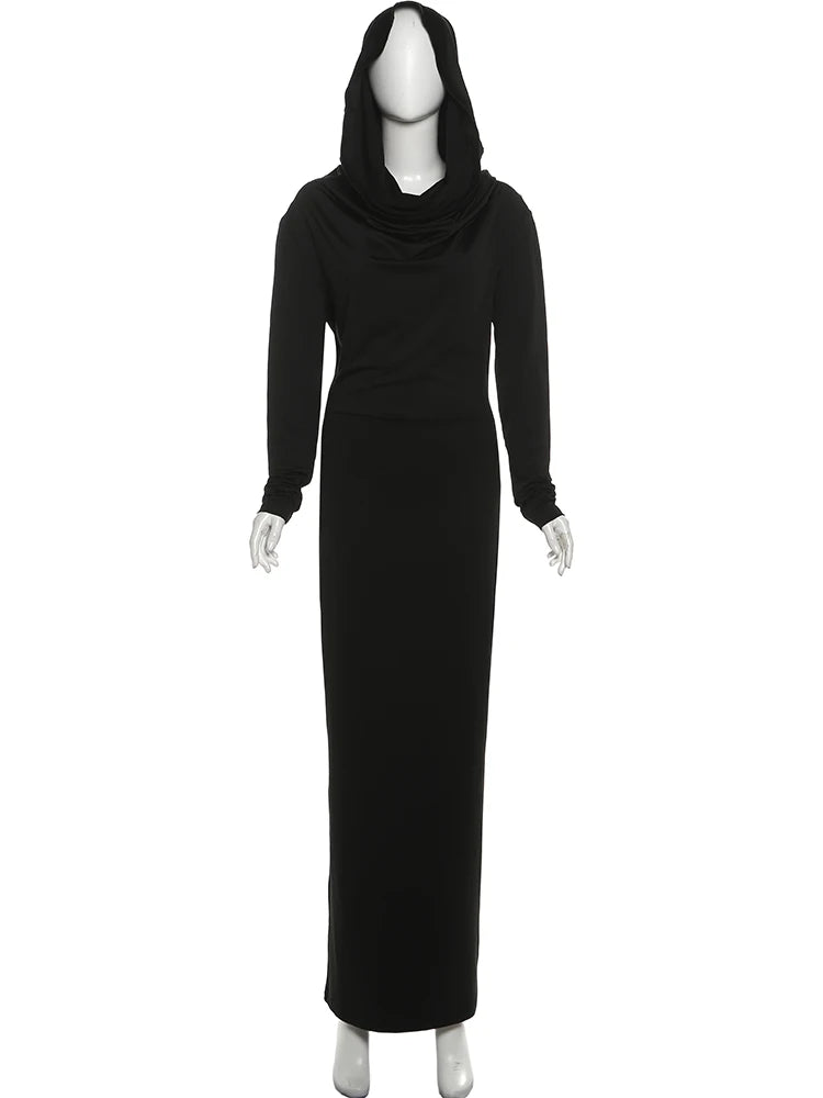 Sisterlinda Casual Hooded Long Dresses Woman Autumn Trend Swing Collar Full Sleeve Skinny High Stretch Solid Elegant Vestidos