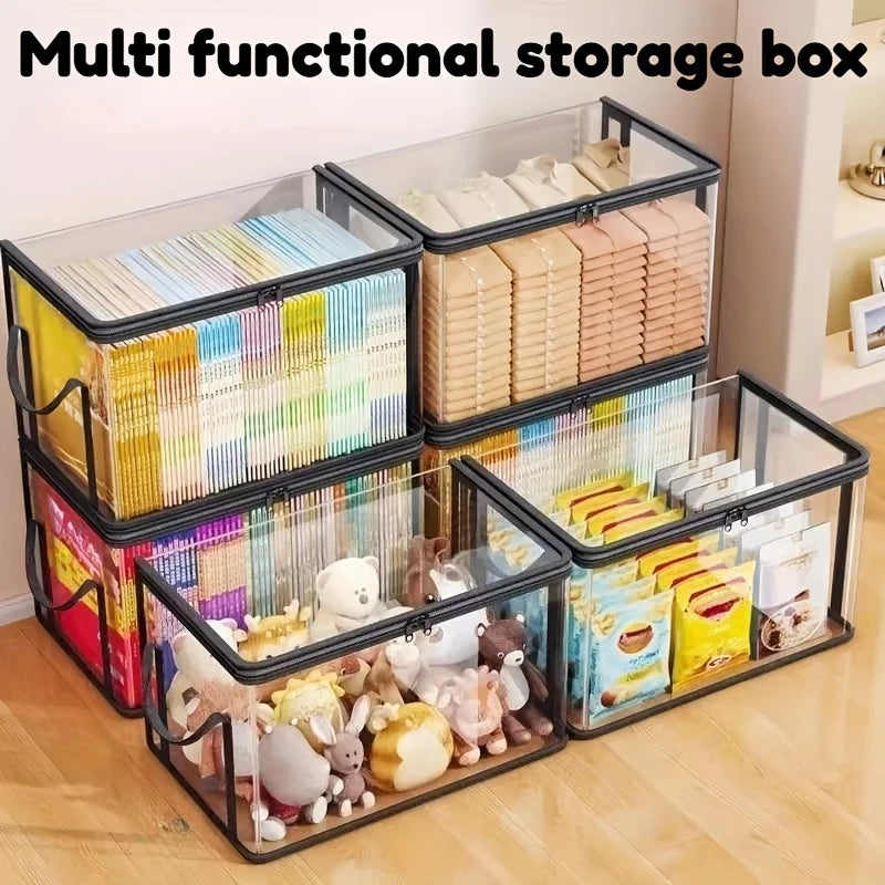 2-Pack Large Transparent Storage Boxes, Foldable and Space-Saving, with Flip Lids, Large Rectangular Organizing Boxes with Front and Lid, Space-Saving Design Suitable for Books, Clothes, Office, Home, Travel, Durable Plastic