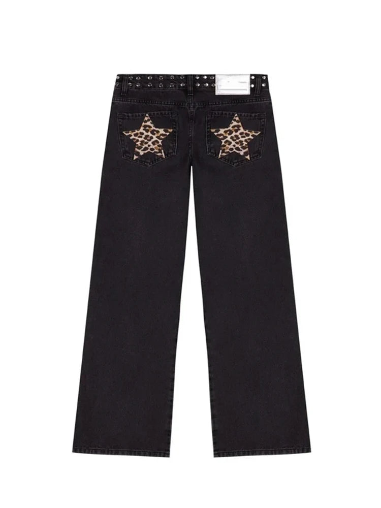 Y2K Vintage Jeans Women High Waisted Denim Pants Five Pointed Star Print Harajuku Street Baggy Casual Straight Leg Trousers