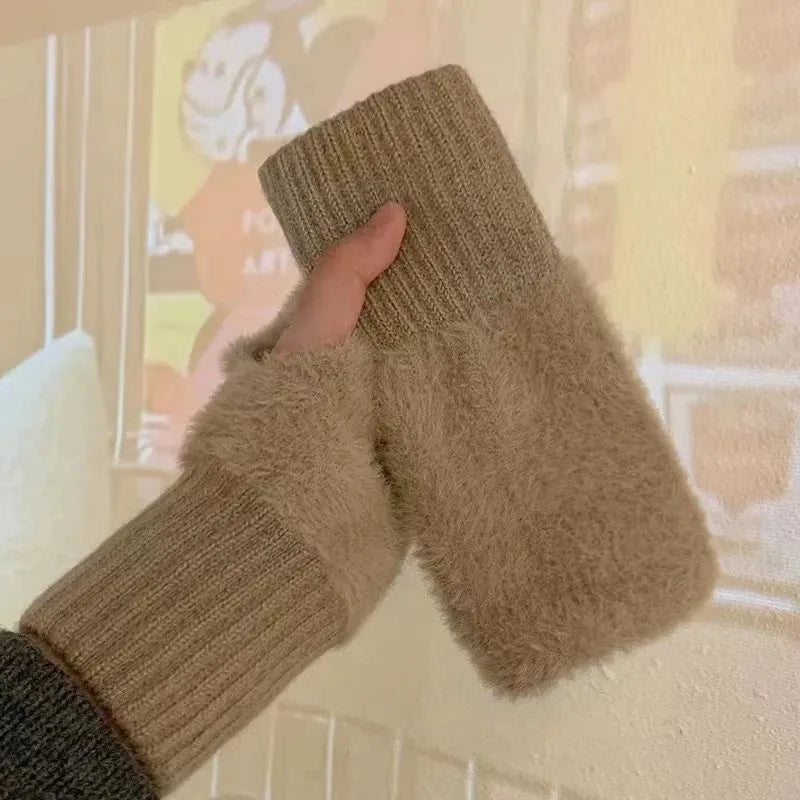 1pair Mink Fleece Soft Winter Half Finger Gloves Women Warm Plush Knitted Fingerless Gloves Girls Cute Wrist Mittens Writting