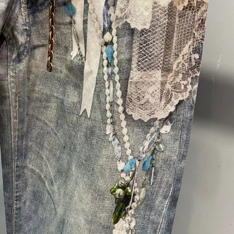 DEAT Fashionable Niche 3D Printed Lace Pearl Chain Denim Pants For Women High Waist Straight Leg Jeans Female Trendy 11A05476