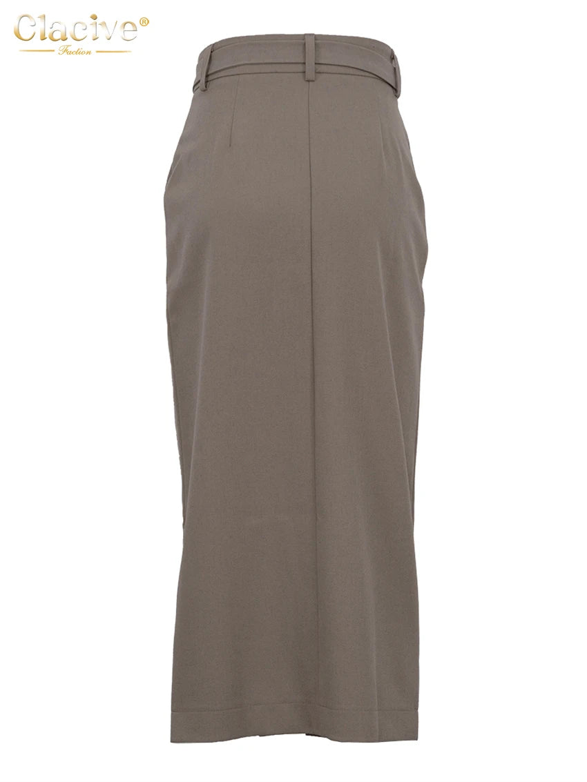 Clacive Fashion Slim Khaki Women's Skirt 2025 Bodycon High Waist Midi Skirt Elegant Classic Solid Slit Skirt Female Clothing