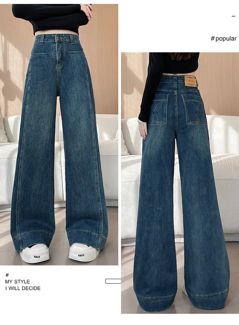 High Street Fashion Stretch Denim Wide-leg Pants, Women's Spring and Autumn New High-waisted Narrow Version Straight Leg Jeans