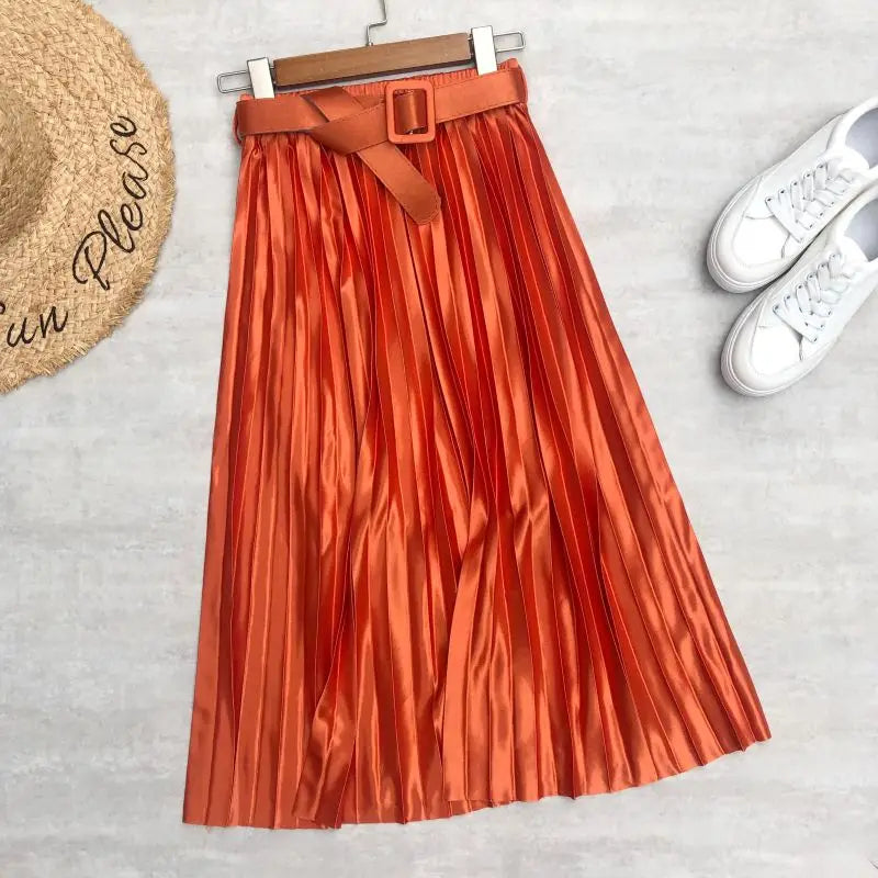 Seoulish 2025 New Solid Elegant Stain Women's Pleated Skirts with Belted High Waist Skirts Mi-long Umbrella Skirt Spring Summer