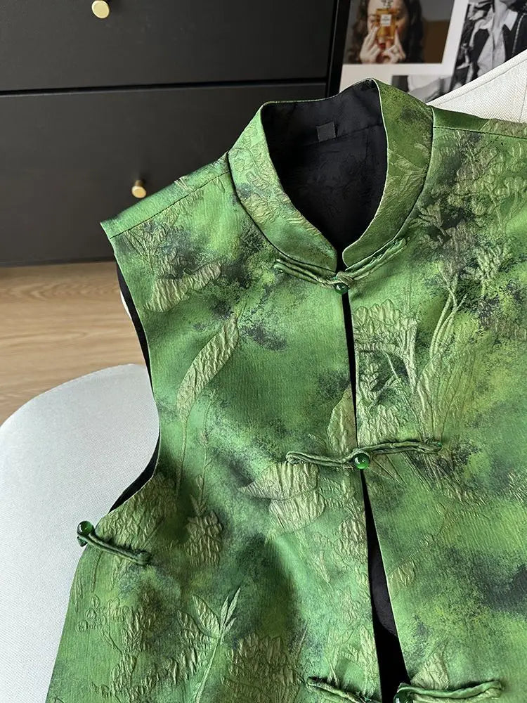 2025 Retro Chinese Literature Green Jacquard Vest Classical Chic Versatile Waistcoat Female Sleeveless Singlet Tops