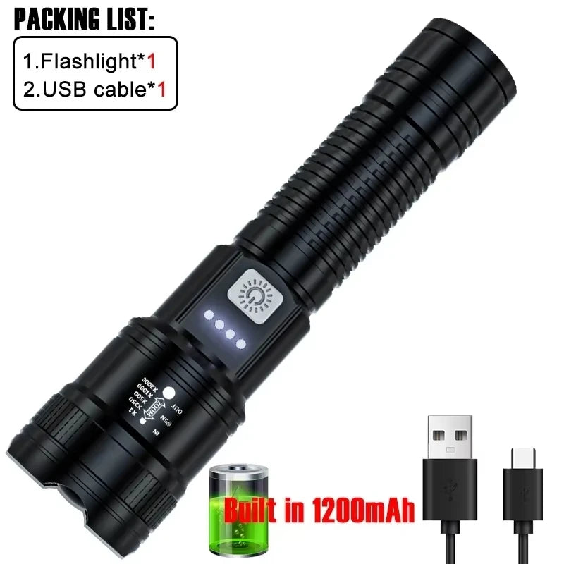 Hochleistungs-LED-Taschenlampe (2000 lm) mit Display, USB-Ladefunktion, ideal für Camping, Angeln und Notfälle.