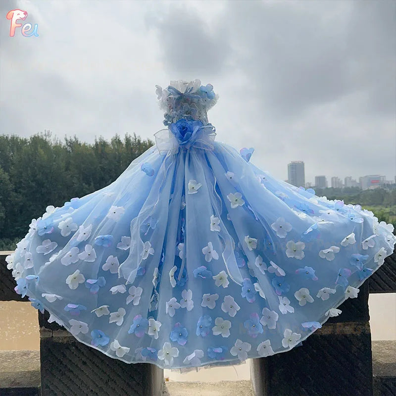2026 Handmade Blue Puppy Dog Clothing Luxury Embroidery Flower Lace Bow Long Tail Party Dresses For Small Medium Dog Pet Clothes