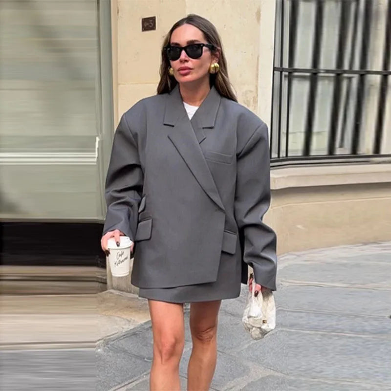 Street Women's Asymmetric Suit Blazer Loose Lapel Full Sleeve One Button Split Jackets 2026 Spring Summer Lady Chic Outwear New